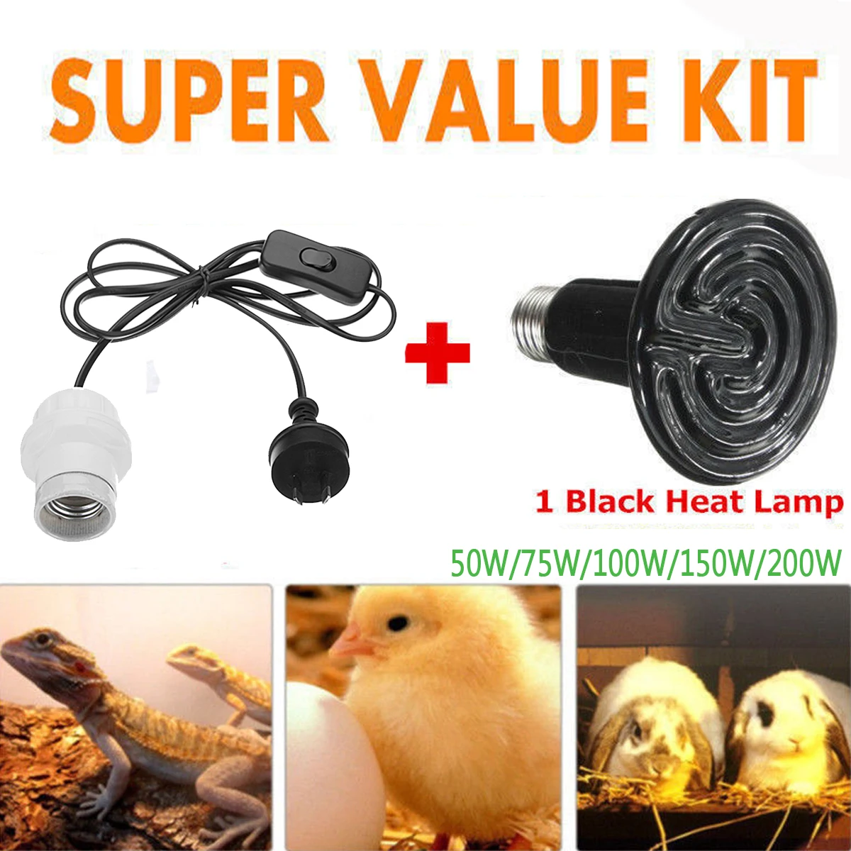 

220V Heated Ceramic Emitter Bulb Light Lamp Reptile Breeding Brooder +1.5M Cable Holder 50/75/100/150/200W