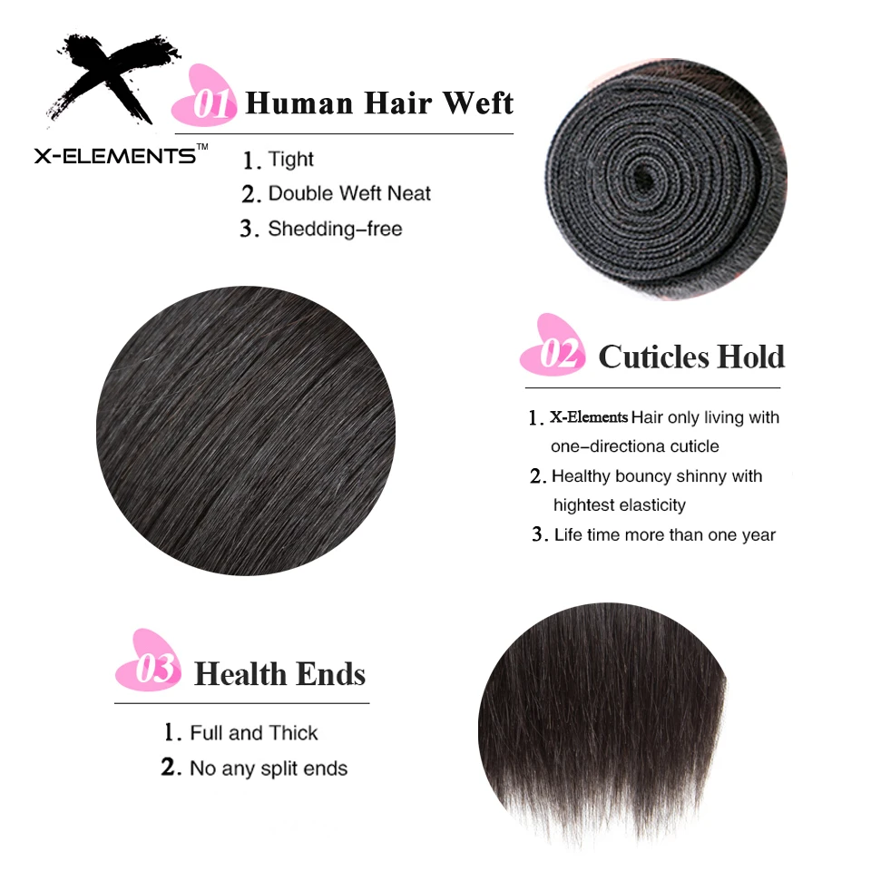 X-Elements Hair 100 Human Hair 3 Bundles Straight Brazilian Hair Weave Bundles Natural Color 8-26 inches Hair Extensions Non-Remy (12)
