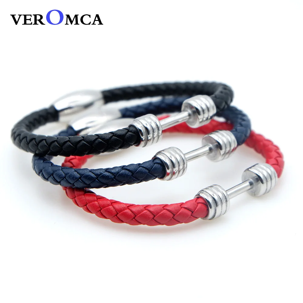 VEROMCA Sport Dumbbell Bracelets Stainless Steel Genuine Leather