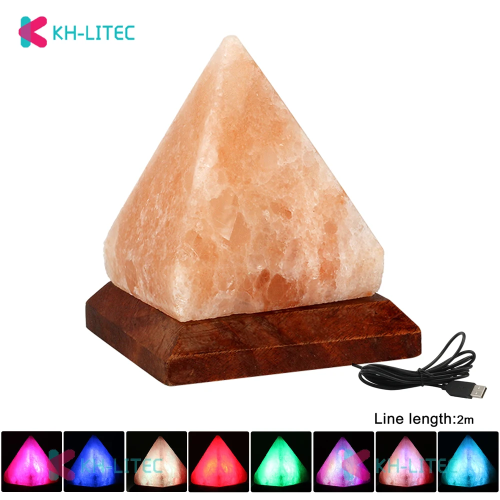 KHLITEC Triangle USB Salt Lamp Hand Carved Purifier Night Light Wooden Base Himalayan Colorful Crystal Rock Lamp Light10