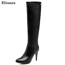 Elissara новые модные женские сапоги до колена на высоком каблуке Для женщин молния острый носок Сапоги и ботинки для девочек Для женщин теплые зимние ботинки плюс Размеры 33-47