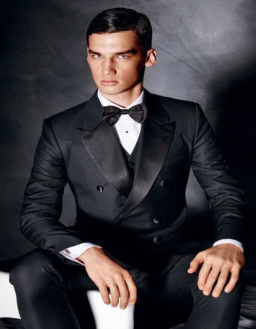 

2018 Black Spring New Style Double Breasted Peak Lapel Groom Tuxedos Men Suits 3 Psc Wedding Dress(Jacket+Pants+Vest+Tie)