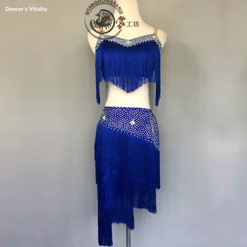 

Girls latin dance performance clothes spandex tassel stones top+skirt 2pcs latin dance suit women latin dance set 120-180CM