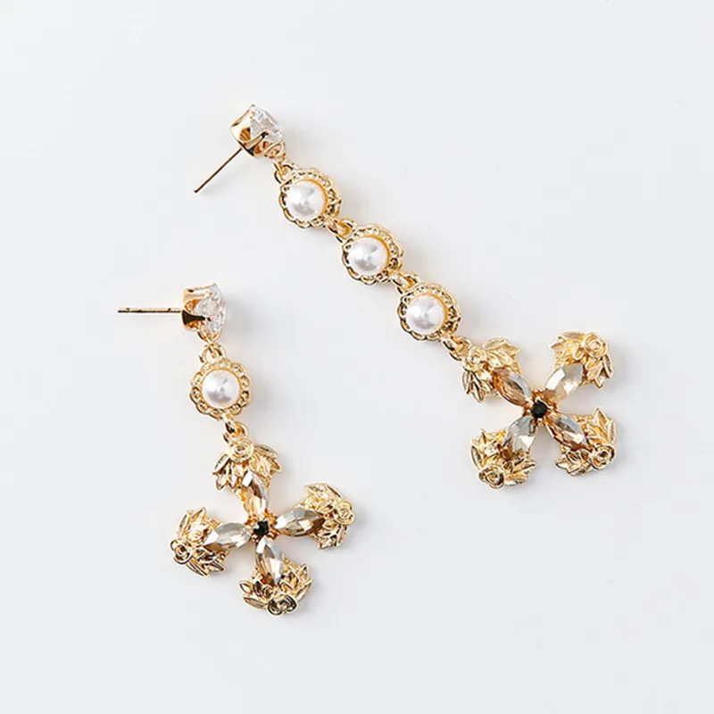 Asymmetric Luxury Cross Earrings for Women Charm Pearl Rhinestone Long