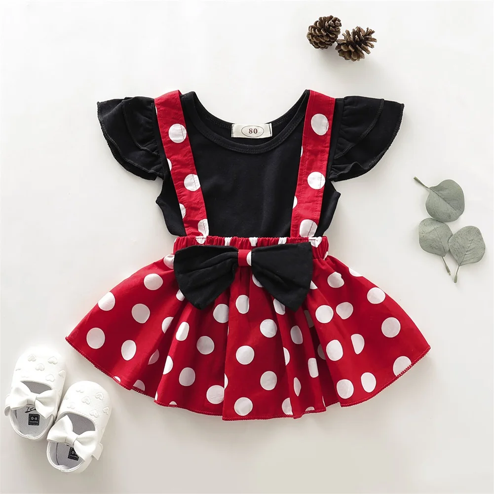 

Emmababy Summer Toddler Kids Baby Girls Dress Clothes Black Tops T-shirt+Bowknot Red Suspender Skirt Outfit Clothes Fashion Cute