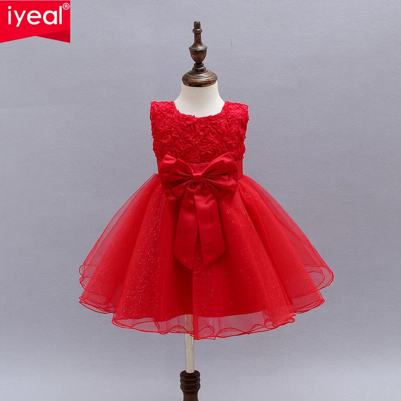 

IYEAL Elegant Princess Tulle Flower Girl Dresses Kids Red Ivory Dress With Big Bow For Girl Wedding Party Vestido Baby Baptism