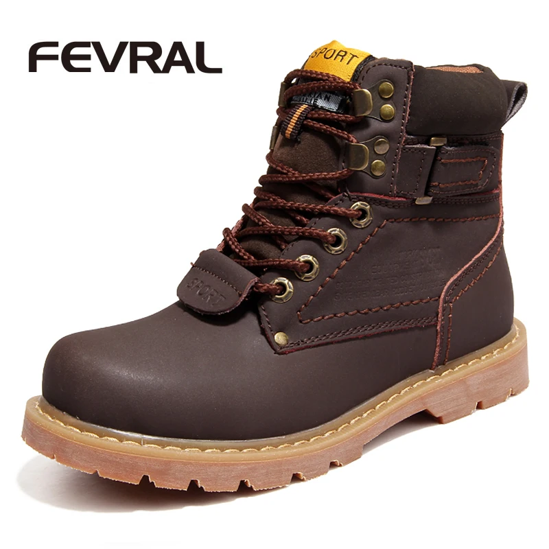 

FEVRAL Brand Men Winter Snow Boots Genuine Leather Boots Comfortable With Fur Plus Size Shoes High Quality Anti Slip Work Shoes