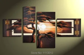 

Abstract Knife Brown Pine Sunset Oil Painting 100% Hand Painted 4 Panel Arts Set Home Decor Modern Wall Picture For Living Room