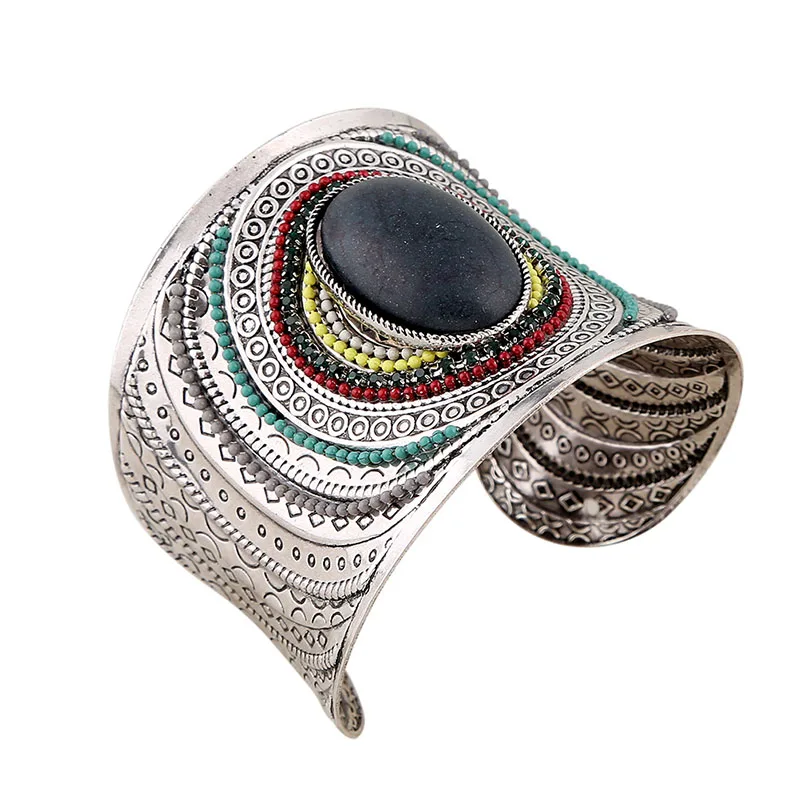 Красочные богемные натуральные овальные широкие браслеты-манжеты очаровательные большие браслеты браслет из тибетского серебра ювелирные изделия с эмалью для женщин