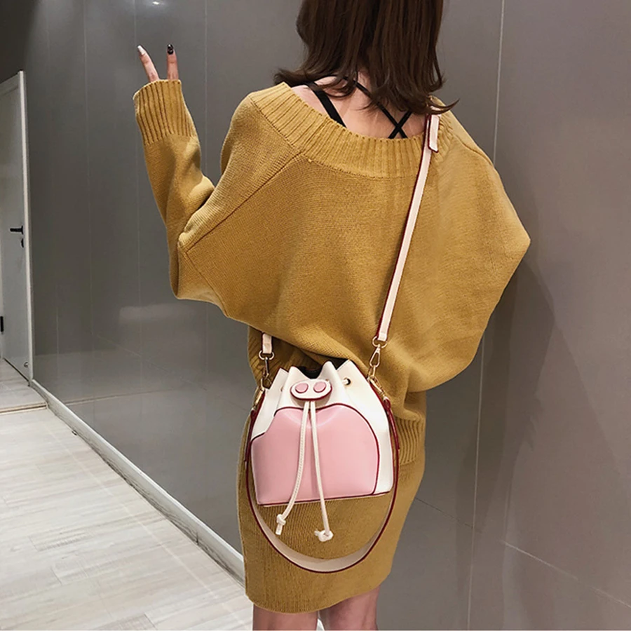 

Cute Pig Drawstring Bucket Bag Women's Shoulder Bags Pu Leather Wide-band Composite Crossbody Bag Designer Purse Messenger Bags
