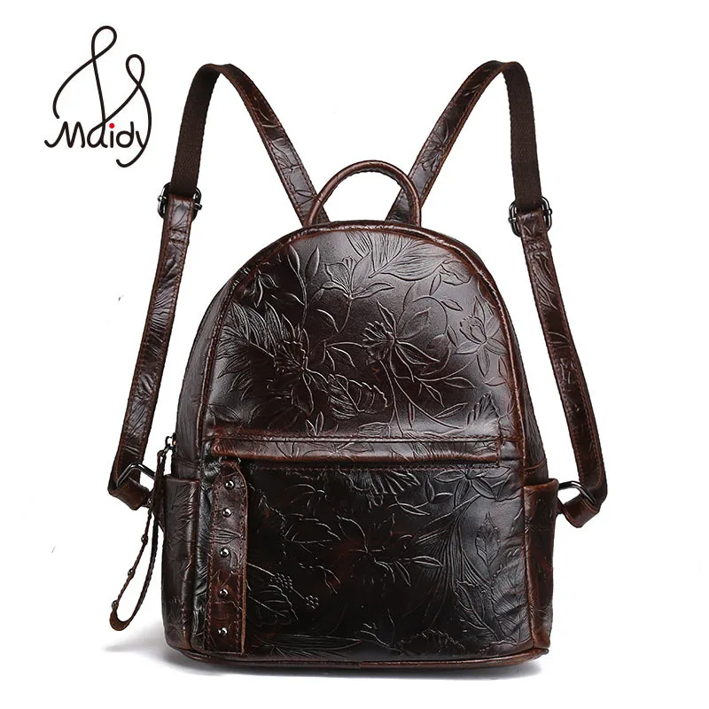 

Maidy Brand New Women Vintage Embroidery Embossed Rucksack Floral First Layer Cowhide Leather Zipper Large Simple Backpacks Bags