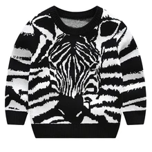 Весенне-осенний детский пуловер трикотажные изделия для мальчиков, Детский свитер Топы для детей, одежда черно-белая жаккардовая Добби с рисунком зебры для детей от 2 до 6 лет