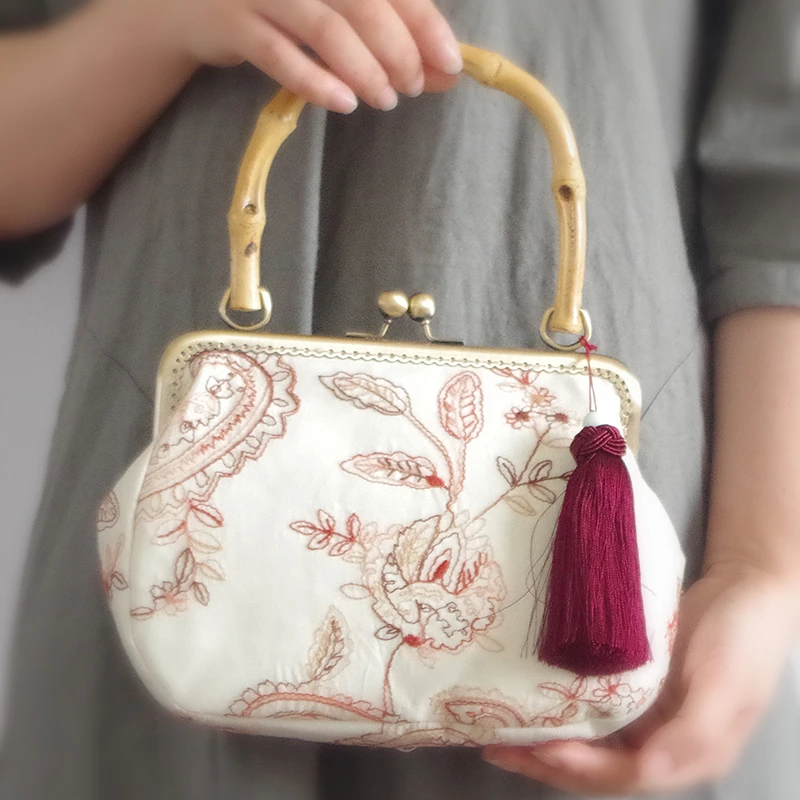 LilyHood الحرفية الخيزران أعلى-حقائب بيد الإناث الرجعية شيك الزهور التطريز نسيج صيني هامش Crossbody حقيبة للنساء