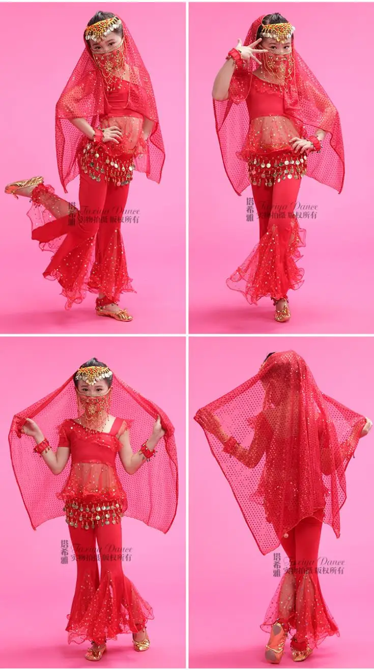 Дети индийский танец костюмы из 3 предметов (топ + Брюки для девочек + Талия цепи) интимные аксессуары для танца живота 2018 новые детские