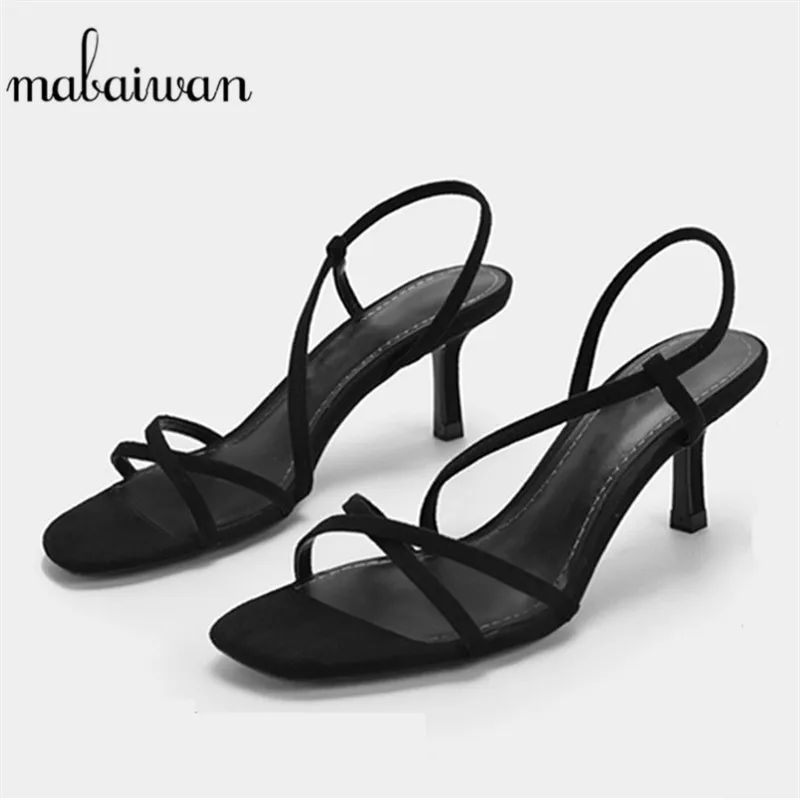 Mabaiwan/черные летние женские босоножки на тонком высоком каблуке Свадебные