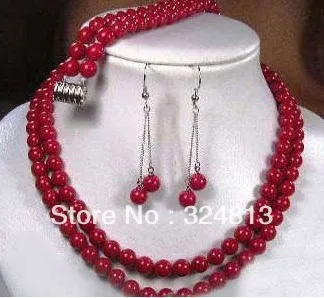 

HOT SELL - 2 rows 8mm Tibet red coral necklace earring bracelet set #2036 -Top quality free shipping