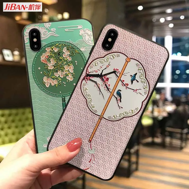 JIBAN Chinese style pink fan magpie Phone Case for iphone X XS XR XSMAX 6s 6plus 7 7plus 8 Cover Soft Silicon protection sleeve |