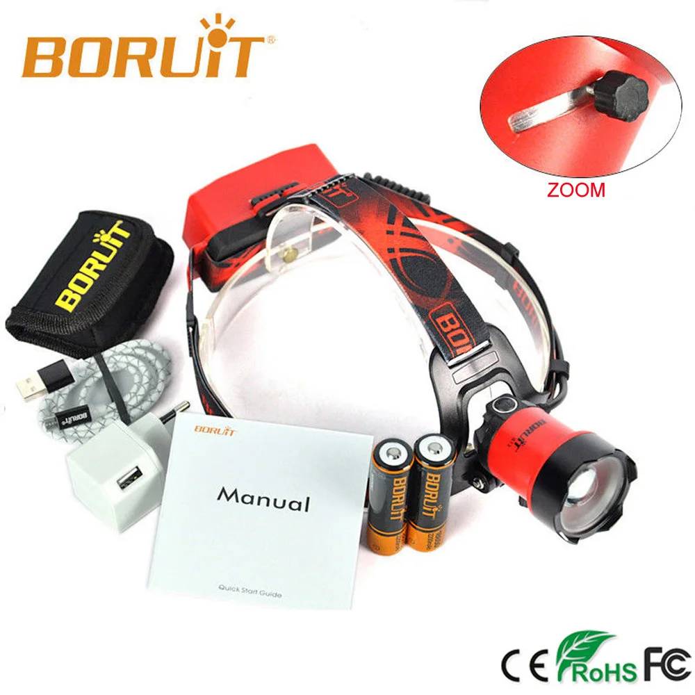 cheap Boruit B13 LED Headlamp Rechargeable Zoomable Head Light Waterproof Torch Lights XM L2 Latest Version, 6000 Lumens 18650 SOS