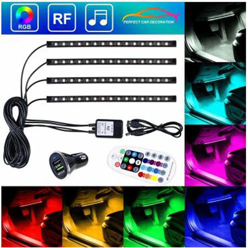 

car atmosphere lights led Neon 4* 15LEDS SMD5050 flexible RGB car interior light bar with car charger