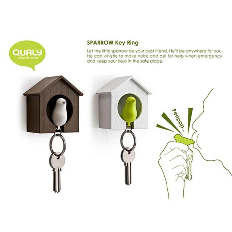 BRAND NEW Single Sparrow Key Ring /& Whistle Birdhouse Keychain Holder Boxed