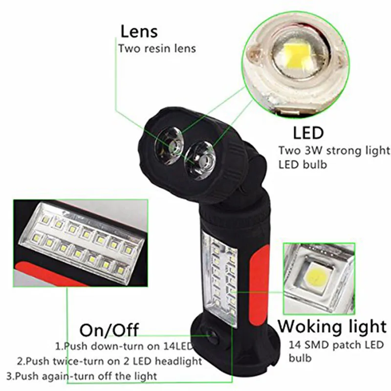 

Portable 16 LED Flashlight Bright 360 Rotation Hand Torch Tent Hook Hanging Work Lanterna Light Lamp Flashlights AAA battery