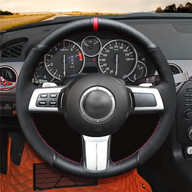 MEWANT Black Genuine Leather Black Suede Car Steering Wheel Cover for