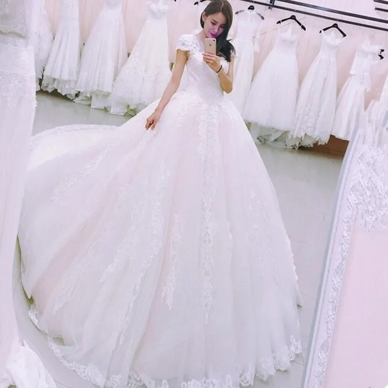 

Vinca sunny Ball Gown Wedding Dress 2019 Lace Appliques Cap Sleeve Bridal Gown Vestido De Novias Princess Luxury Cathedral Train