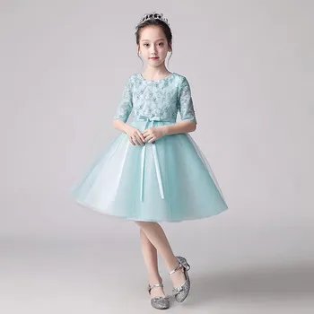 

Baby Kids Fashion Elegant O-neck Half-Sleeves Wedding Birthday Party Princess Lace Dress Girls Children Host Piano Holiday Dress