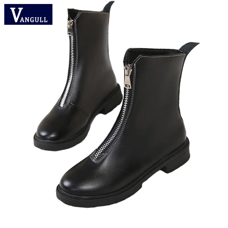

Vangull 2019 Spring Autumn Women Shoes Motorcycle British Front Zipper Martin Boots Round Toes Thick Square Heels Ankle Boots