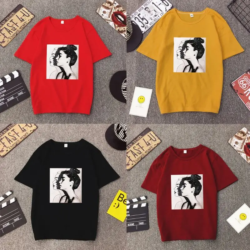

2019 Women Girls Summer Tops Oversized Loose Pullover Tops Hip Hop Lady Portraits Printed Half Sleeve T-Shirt Round Neckline