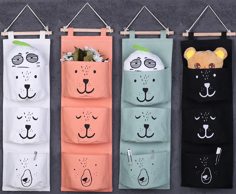 Polor Bear Canvas Hanging Storage Bag 3 Pockets Wall Mounted Wardrobe Closet Hang Bag  (8)