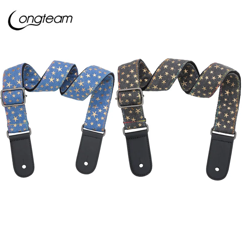 Longteam Adjustable Cotton Ukulele GuitarStrap Denim fabric Leather Head  Tail nail and rope Guitar Accessories 