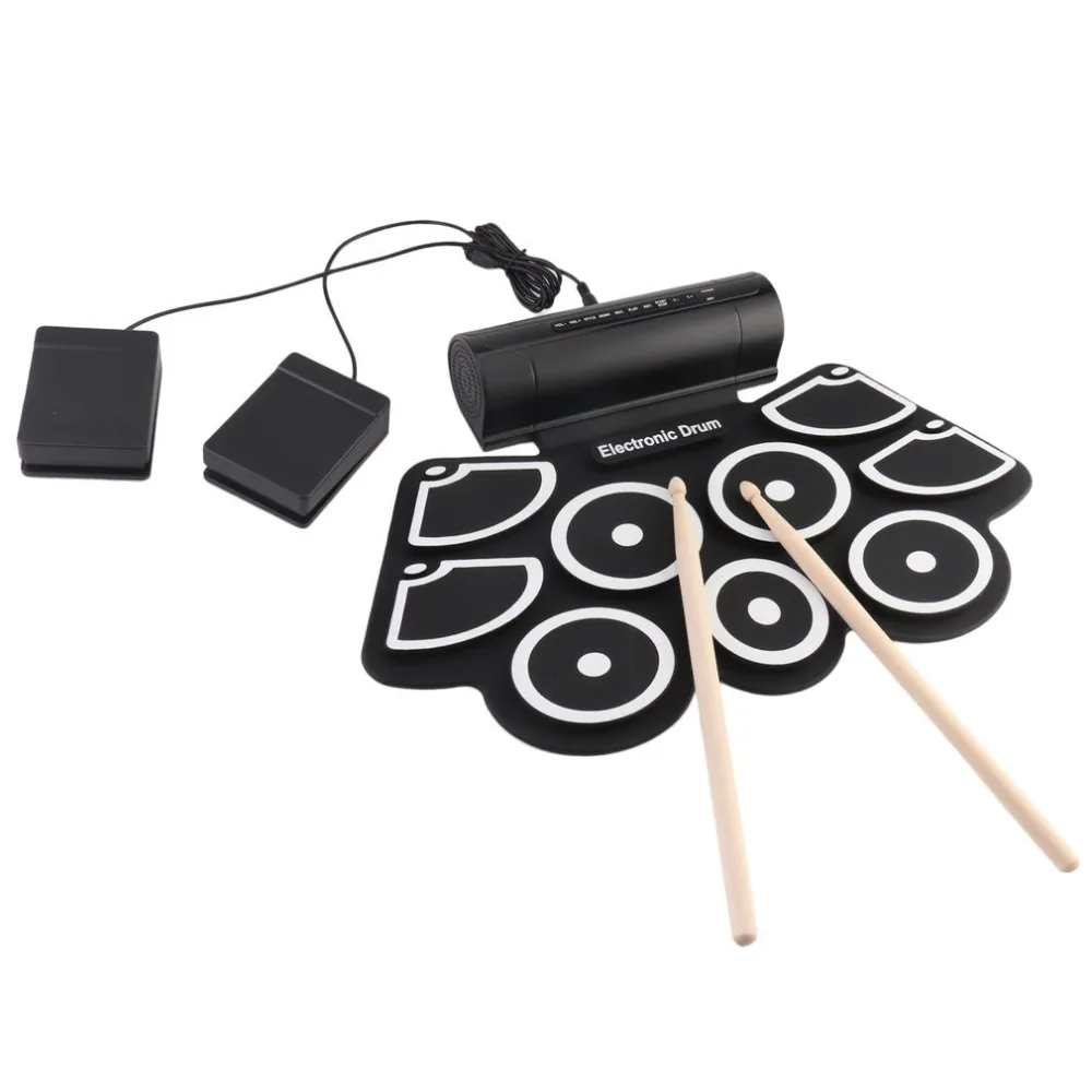 Портативный рулонный электронный барабанный набор 9 силиконовых подушечек Встроенные динамики Поддержка USB MIDI барабанные палочки, ножные педали музыкальный инструмент