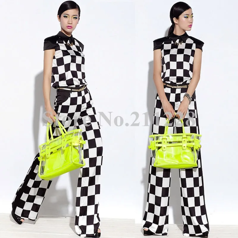 black and white plaid wide leg pants