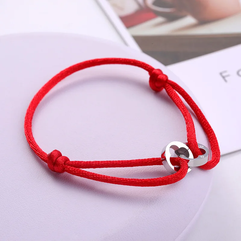 

Red Rope Simple Bracelet for Women Titanium Steel High Quality Rose Gold Color Interlocking Round Charms Bracelet Jewelry