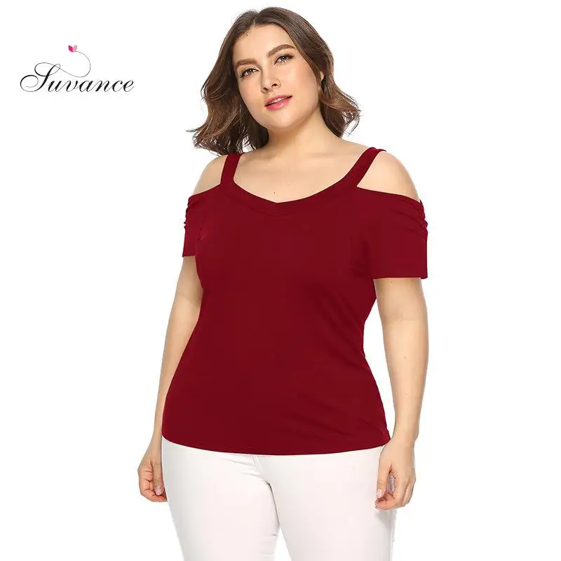 Suvance 2019 Повседневная летняя Xl-4xl с v-образным вырезом 2 размера женская футболка