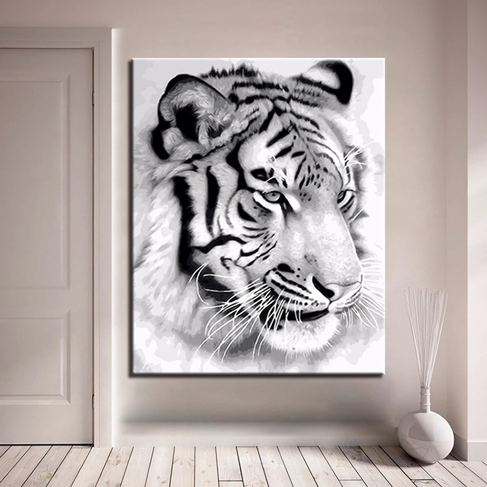 

DIY Handpainted Oil Paint By Numbers Draw Coloring Pictures Black White Tiger On Modular Canvas Framed Wall Art Painting Paints