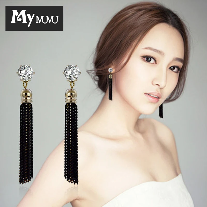 Mymumu Korea Style Tassel Long Earrings Crystal Rhinestone Fashion Glod Plated Dangle Earrings