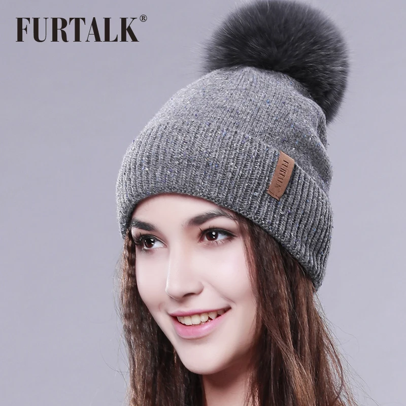 

FURTALK Wool Hat Fox Fur Pom Pom Hat Women Winter Fur Hat