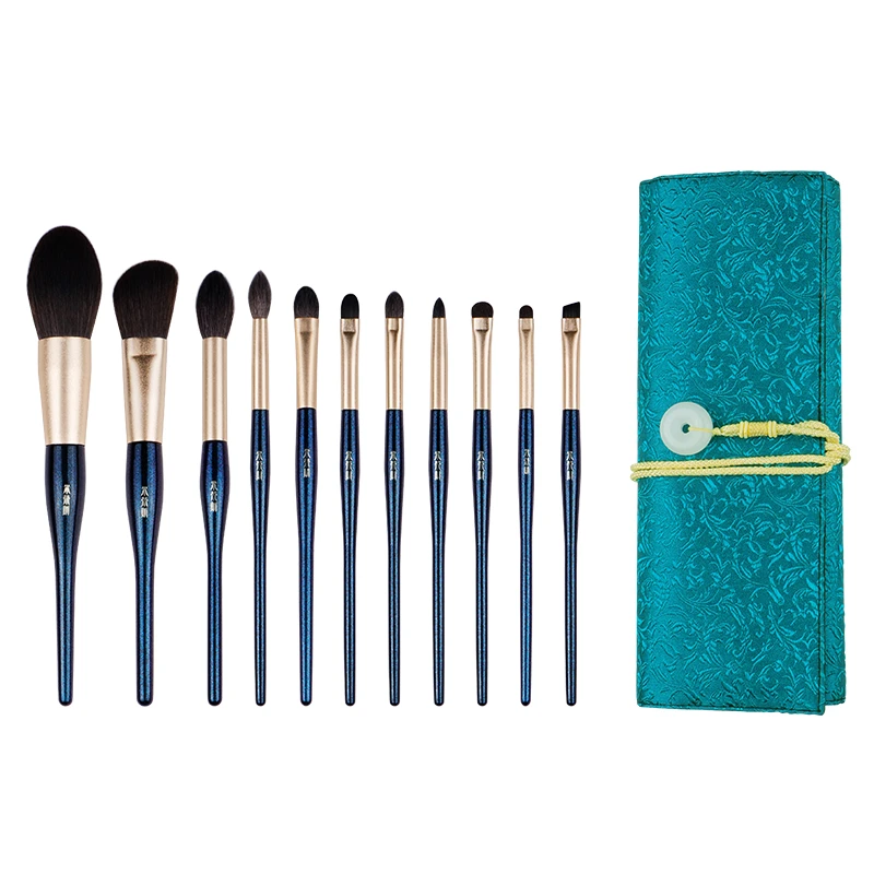 

11Pcs Makeup Brushes Set Dark Green / Blue Goat Squirrel Hair Powder Highlighter Brush Eyeshadow Blender Make up Brush with Bag