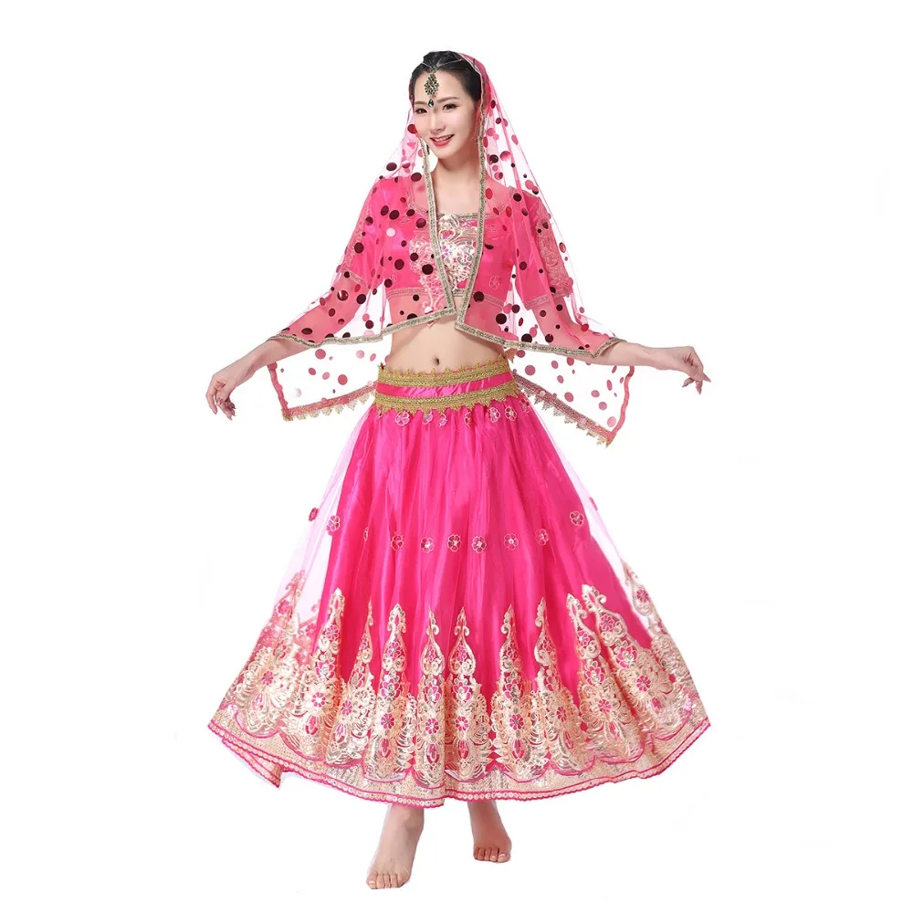 Для женщин Танец живота Индийский танец наряды Болливуд костюм изысканная вышивка с высоким качеством 3 шт./компл. Топ Пояс юбка
