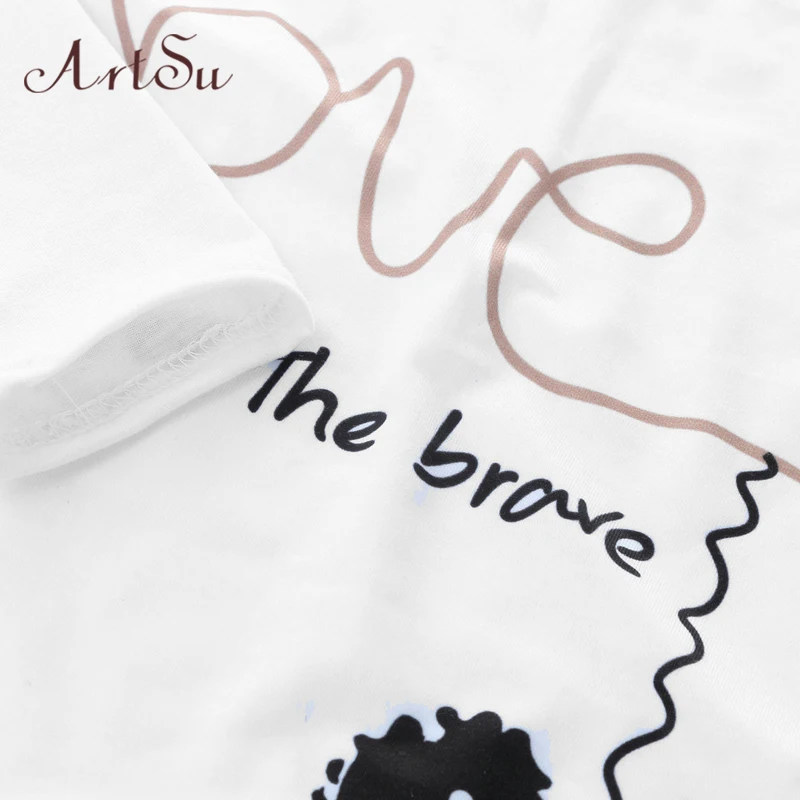 ArtSu T Shirt Women Full Sleeve Letters Printed Splice t shirts Solid Tshirt Woman Tops Basic T-shirt Femme Clothing ASTS50021