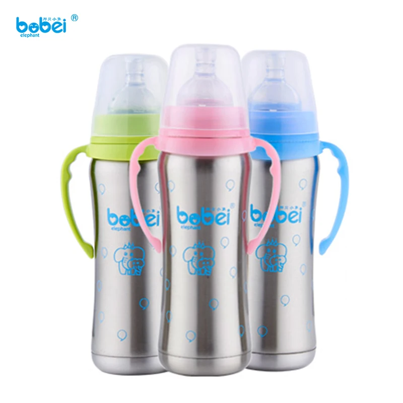 

180ml/200ml/240ml new born baby kids milk feeding stainless steel thermos bottle with silicon nipple easy safe anti-hot handle