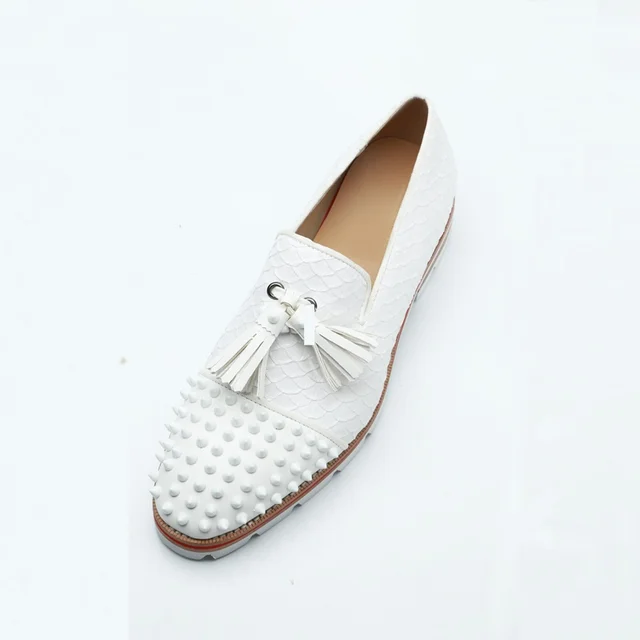LOUBUTEN White Snakeskin Pattern Genuine Leather Tassel Loafers Slip On Men Dress Shoes Luxury Rivets Casual Shoes as picture