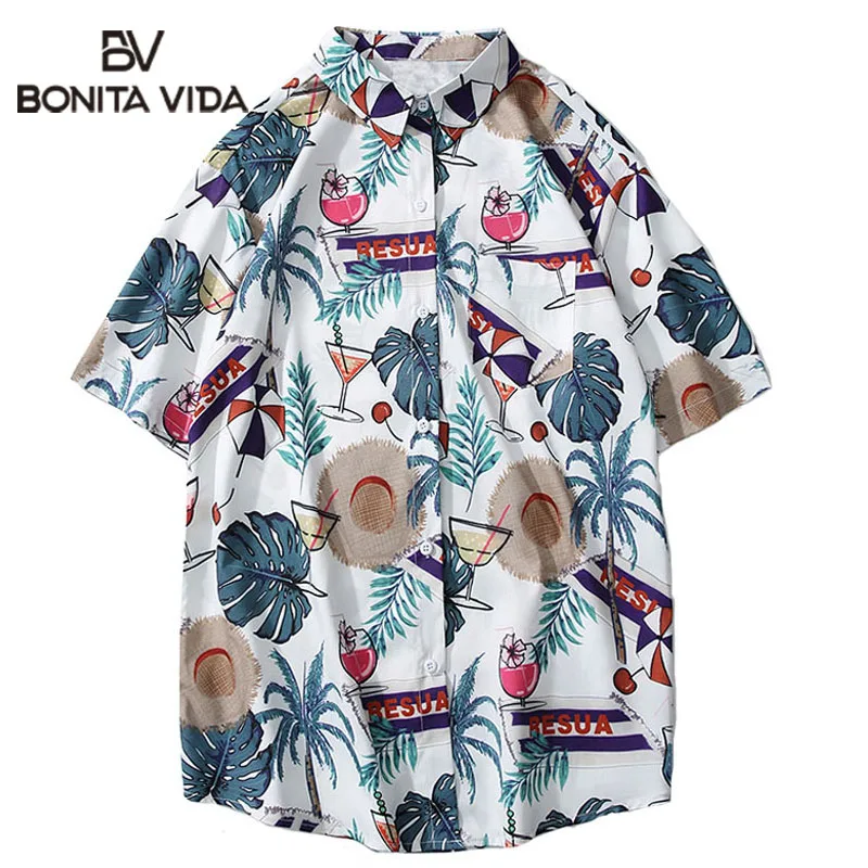 

Bonita Vida Short Sleeve Hawaiian Button Summer Shirt 2019 Men Landscape Print Casual Fashion Male Hawaiian Shirts treetwear