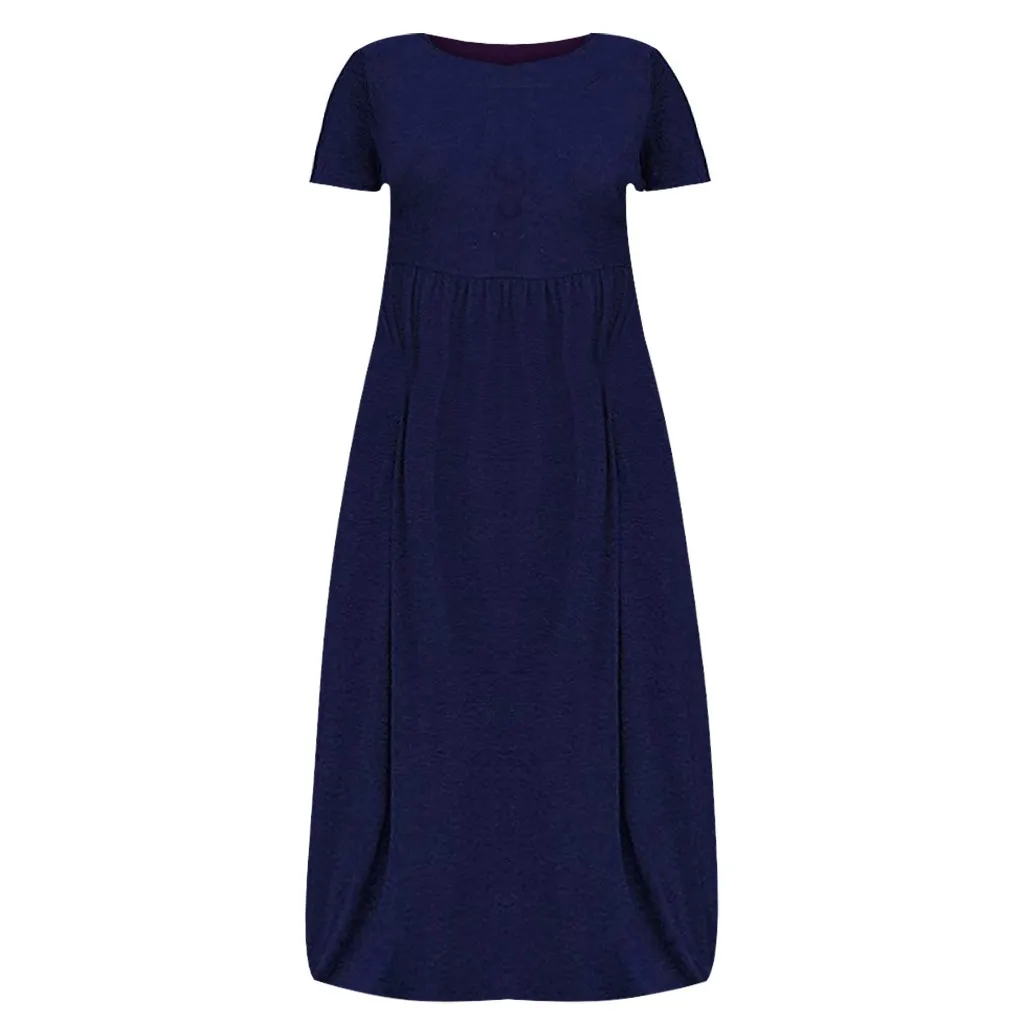 Женское летнее Повседневное платье размера плюс 5xl с круглым вырезом и коротким рукавом, однотонное богемное пляжное длинное платье с карманами L0520
