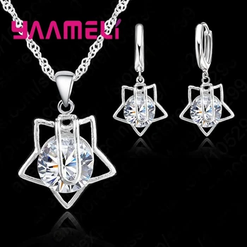 

Clear Cubic Zircon Jewelry Sets 925 Sterling Silver Stars Pendant Necklace Hoop Loop Earrings for Women Wedding Party