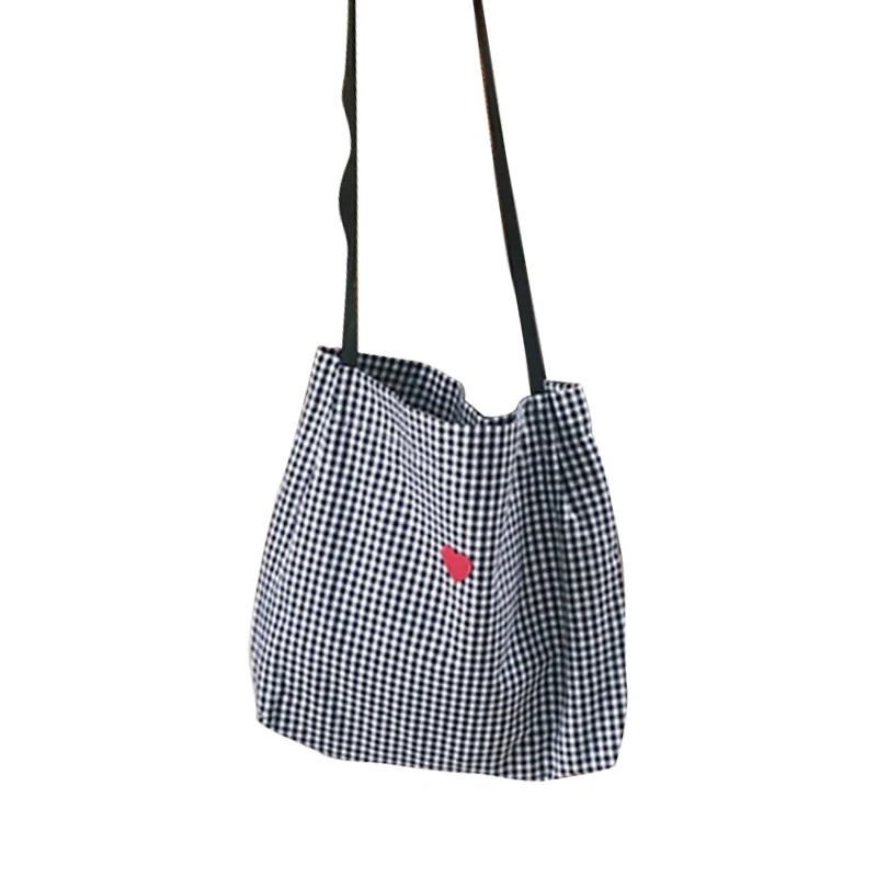 Женская Холщовая Сумка на плечо черно-белая клетчатая вышивка женская сумка для покупок ручные сумки из хлопчатобумажной ткани пляжные сумки - Цвет: love embroidery