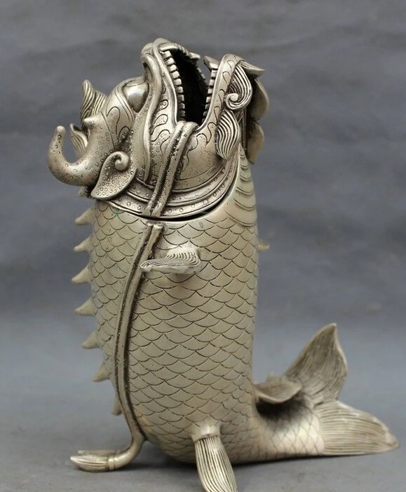 

8" Chinese Silver Buddhist Dragon Unicorn Head Fish Statue Incense Burner Censer
