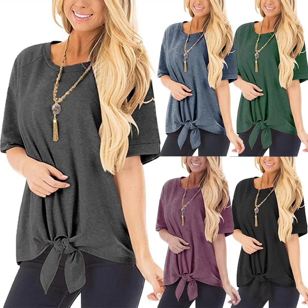 

Women Fashion Casual O-Neck Solid Bow Short Sleeve T-Shirt Top s 2019 New Drop Shipping